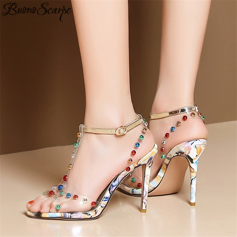 

Clear Transparent Rainbow Rivets High Heel Sandals Sexy Zebra Striped Ladies Shoes Peep Toe Bling Bling Sequined Summer Sandals