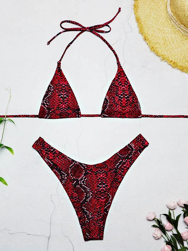 

Swimwear Women 2019 New Snakeskin Bikini High Cut Swimsuit Sexy Halter Thong Bikini Bikini Set Padded V-Neck Biquni Bathing Suit