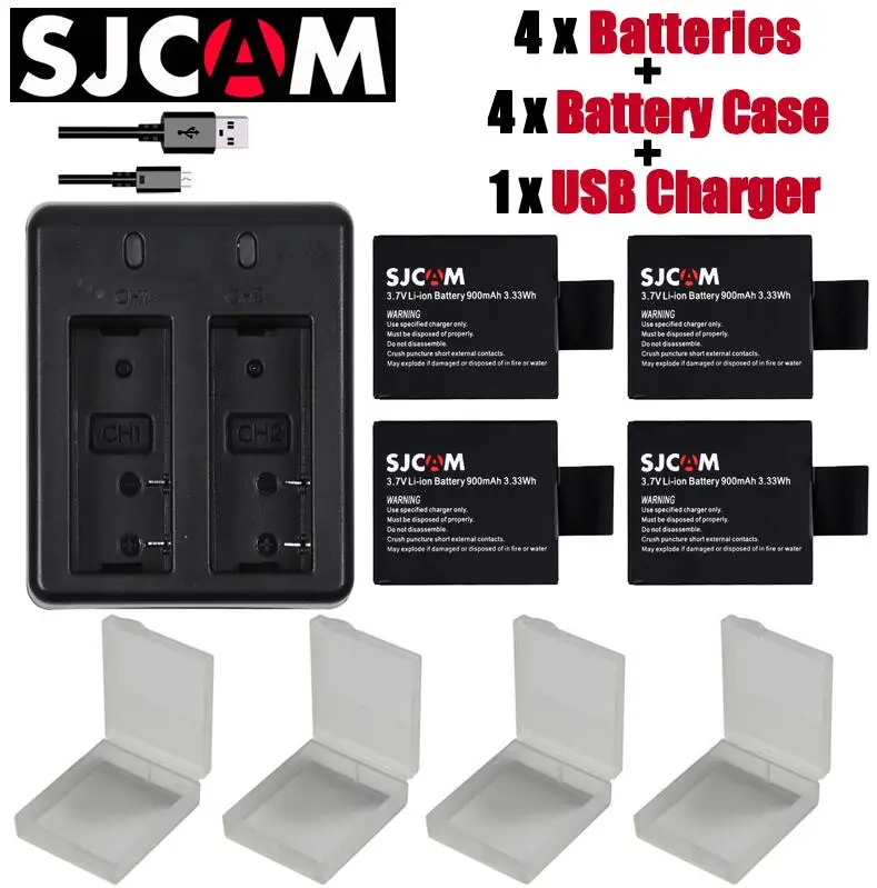 4 шт. SJCAM sj4000 eken H9 GIT-LB101 GIT батарея sj5000 sj6000 sj7000 SJ8000 SJ9000 батарея+ двойной USB зарядное устройство - Цвет: 4battery withcharger