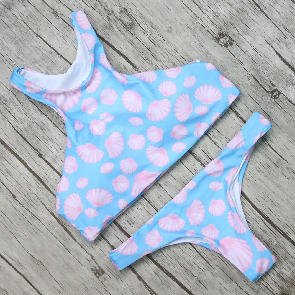 

Hot Swimsuit Women High Neck Shell Printed Bikini Set Sexy Low Waist Beach Bathing Suit Push Up Swimwear Women Brazilian Biquini