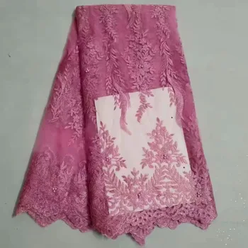 

2019 High Quality Nigerian Lace Fabric African Tulle Lace Fabric Luxury Lace Fabric Pink French mesh Beaded Lace for Dress