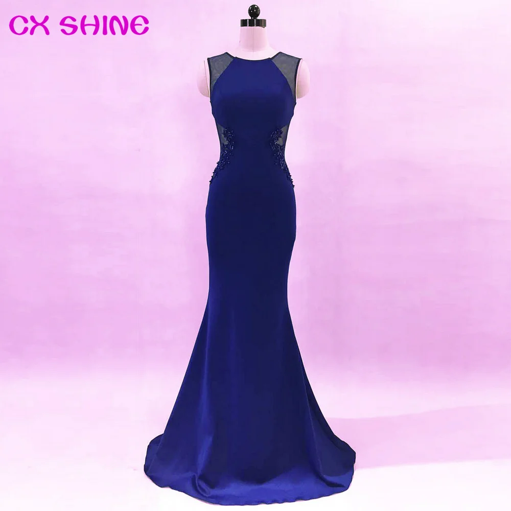 Длинные вечерние платья CX блестящие кружевные цветы бисер Сексуальная Русалка труба длинное платье для выпускного вечера эластичное платье de soiree Vestidos - Цвет: Тёмно-синий