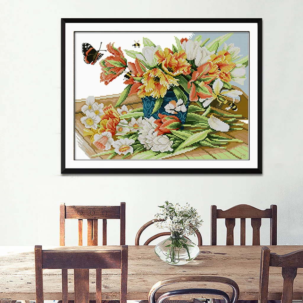 Flower Butterfly Stamped Cross Stitch Kit DIY Handmade Needlework for Beginners Kids Adults