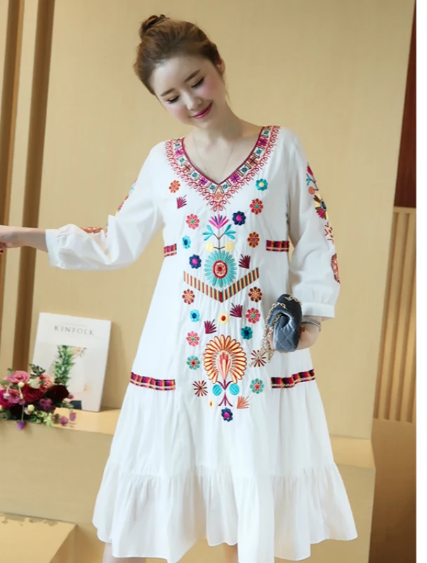 White Embroidery Spring Blue Vintage Lace navy Ruffle Ethnic Linen Cotton Bohemian Boho Hippie White Retro Beach Women Goth Elegant Dress waH0S7q