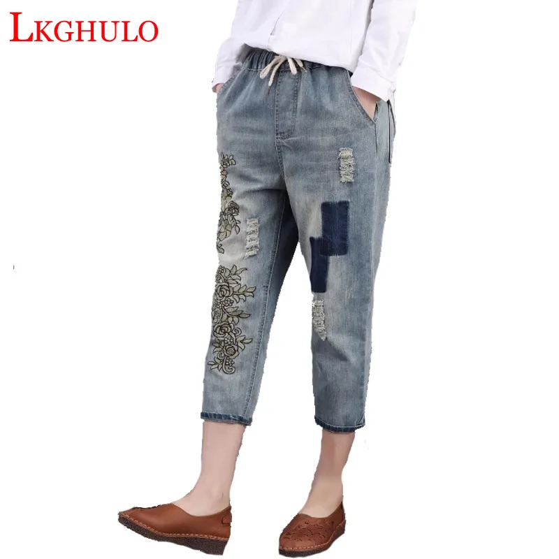 

2018 Denim Jeans Plus Size Women Street Fashion Embroidered Boyfriend jeans woman Harem Baggy Pants Casual 3d Floral Casual A738