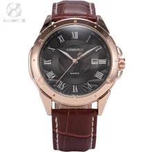 AGENTX Black Dial Rose Gold Case Auto Date Display Genuine Leather Strap Analog Japan Movement Quartz Men Casual Watch / AGX040