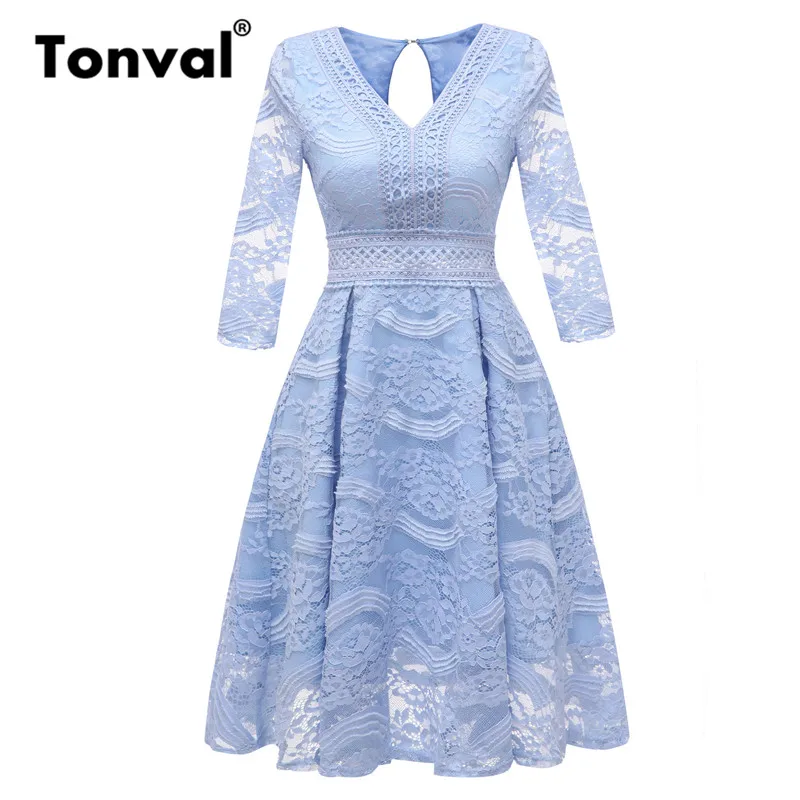 Tonval винтажное синее кружевное платье с высокой талией и цветочным рисунком, v-образный вырез, открытая талия, 3/4 рукав, женское роскошное платье, Элегантные Осенние платья - Цвет: Синий