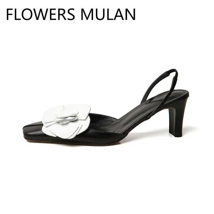 

Fashion New Sandalias Mujer Pointed Toe High Heels Zapatos De Mujer Back Strap Girl Sandals White Flower Summer Womens Shoes