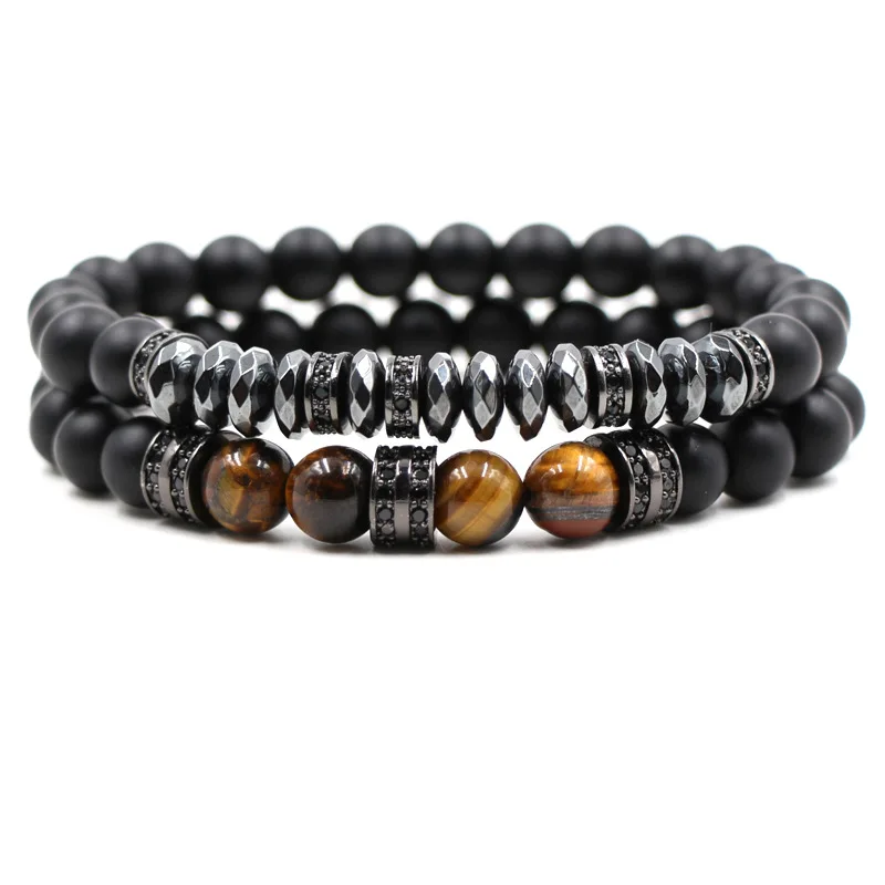 

Fashion Natural Tiger Eye Stone Bead Bangle 2pcs/set CZ Cylinder Beads Bracelet For Men Women Punk Wristband Jewelry