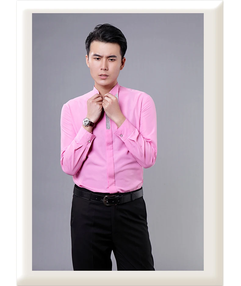 Горячая новинка розовый/ярко розовый горный хрусталь с длинным рукавом мужская рубашка свадьба/выпускной рубашки для жениха одежда для жениха Мужские вечерние рубашки(39-44