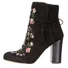 Вышивка не сужающийся к низу каблук Туфли под платье женские ботильоны с закругленным носком женская черная замша кожаные сапоги Обувь с боковой молнией