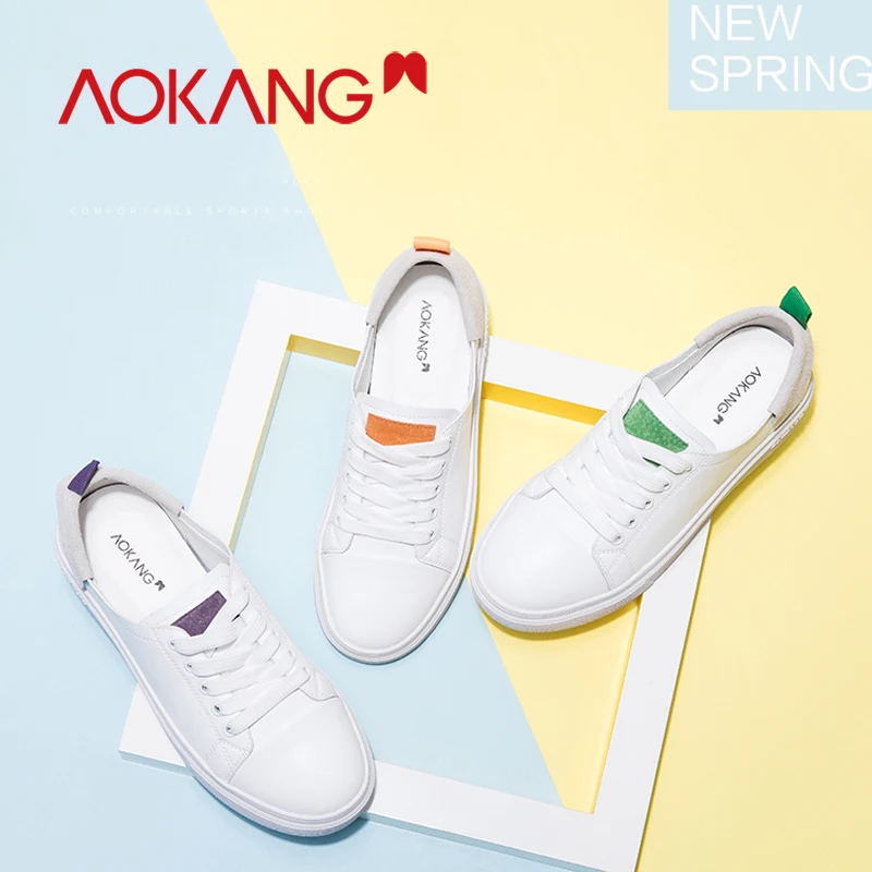 

Aokang Women Sneakers Fashion Breathble Vulcanized Inner heel Shoes leather Platform Lace up Mixed Color Casual White Tenis shoe