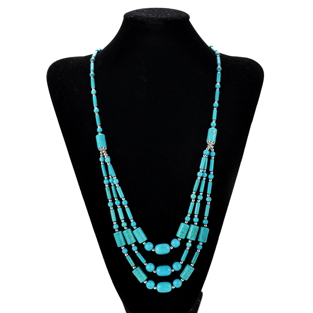 

Fashion Classic Retro Boho Synthetic Turquoises Wild Multi-layer Beaded Women Long Necklace Collar Mujer Collares XL011