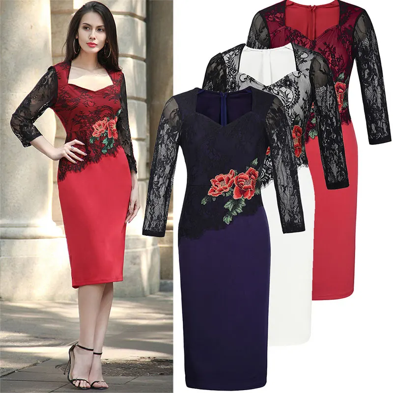 2017 женщины карандаш slim dress женская кружева midi платья женщин половина рукава o шеи