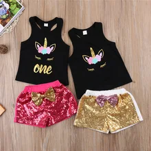 Новые летние комплекты из 2 предметов для маленьких девочек; детская одежда; футболка с единорогом+ штаны с блестками; комплекты одежды; Одежда для девочек
