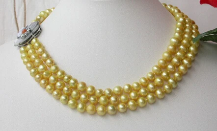 

ddh003470 FW 3strands 9mm yellow pearl Necklace shell cameo clasp