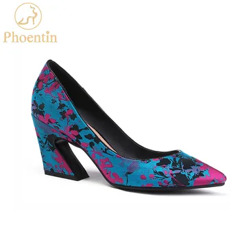 

Phoentin pointed toe pumps flower printing 2019 silk satin party high hoof heels shoes woman elegant ladies shoes fashion FT606