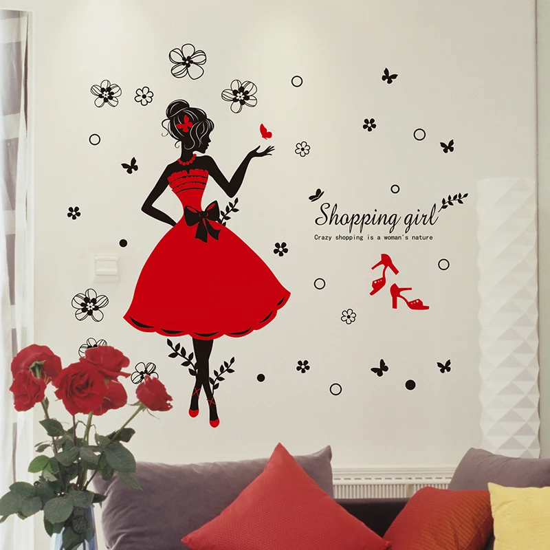 Crazy Shopping Lady Wall Stickers Shop Decor PVC Red Skirt Wall Paper