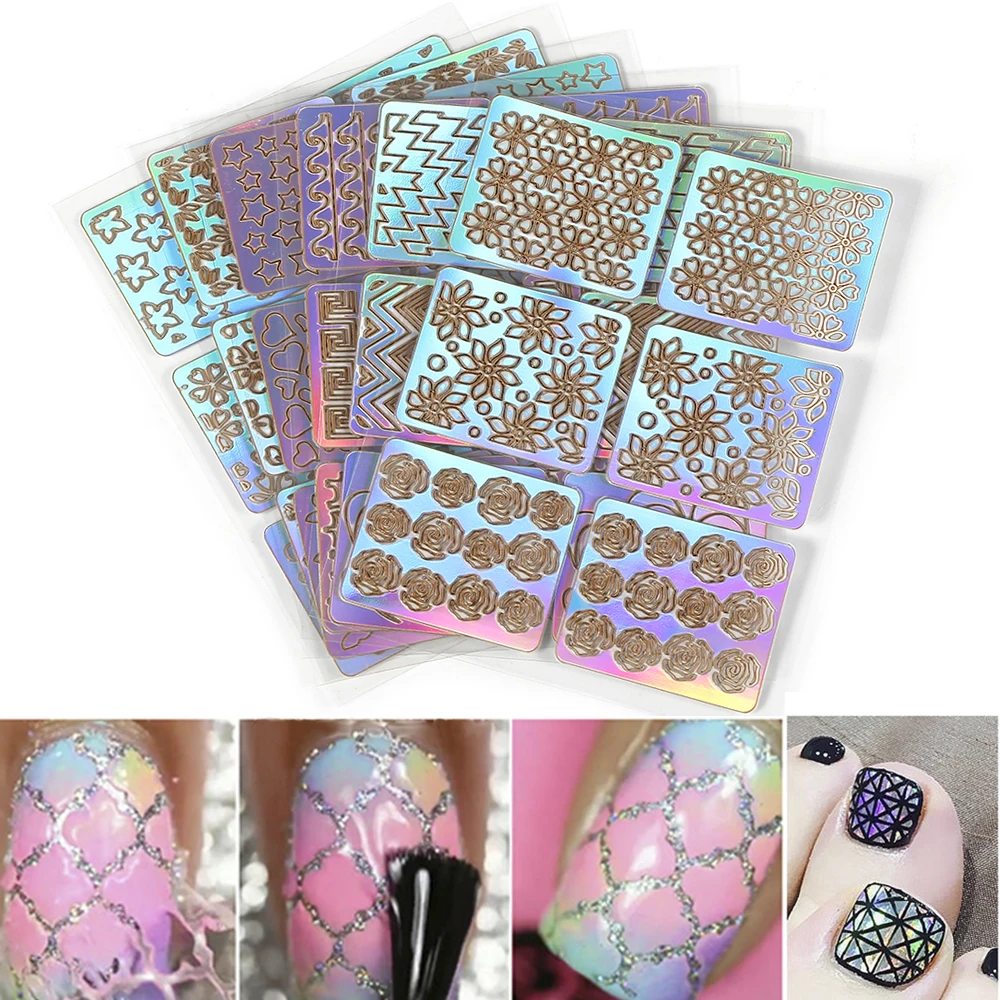 

ELECOOL 12/6pcs 3D Round Hollow Stickers Nail Art Decals Template Design Fashion Stencil Reusable Template Manicure Nail Art