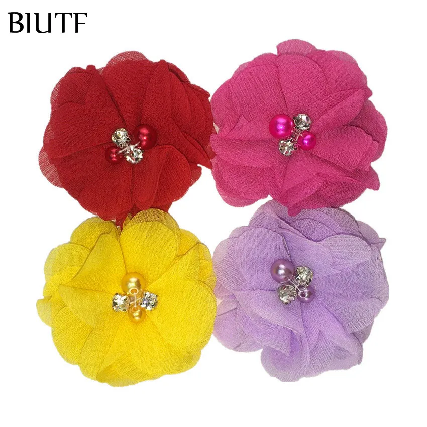 

10pcs/lot 2 inch Chiffon Fabric Flower with Rhinestone Pearl With Clip Multiple Colors Available Headwear DIY Accessories MH22