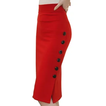 

Plus Size Fashion Women Work Midi Skirt Ol Sexy Open Slit Button Slim Pencil Skirt Elegant Office Ladies Skirts Red Black