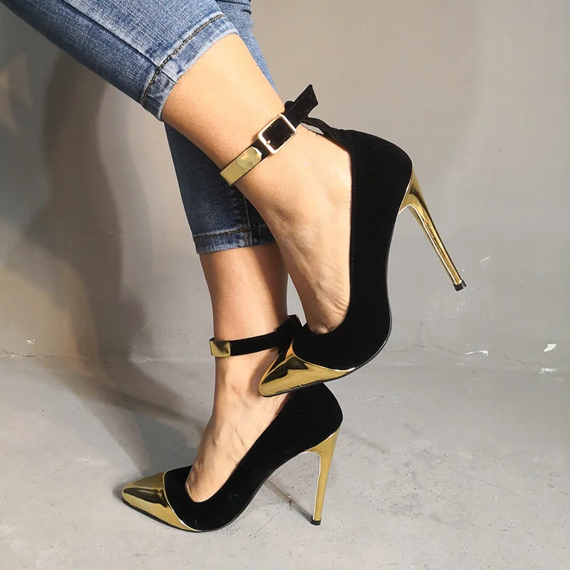 Rxemzg/черные, золотые туфли-лодочки на высоком каблуке-шпильке модные женские туфли-лодочки с острым носком и ремешком на щиколотке пикантная Свадебная обувь для вечеринок 35-47