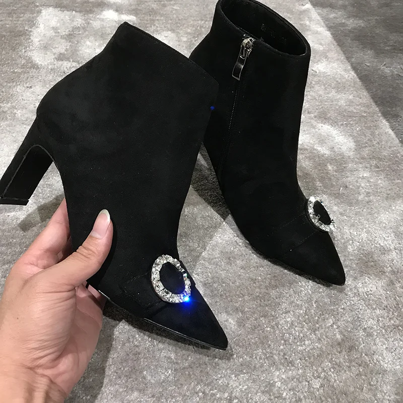 

Women Boots Crystal Embellished Short Booties Side Zipper High Heels Women Stiletto Black Color Ankle Boots Pointed Toe Fashion