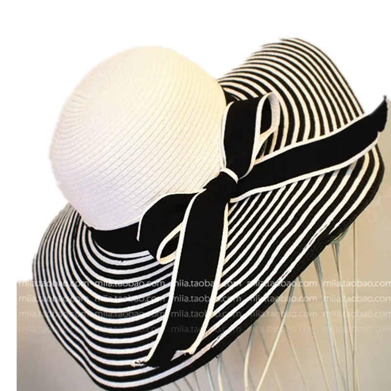 2017 Summer Women Hepburn Style Black White Stripes Sun Hat Ladies Wide