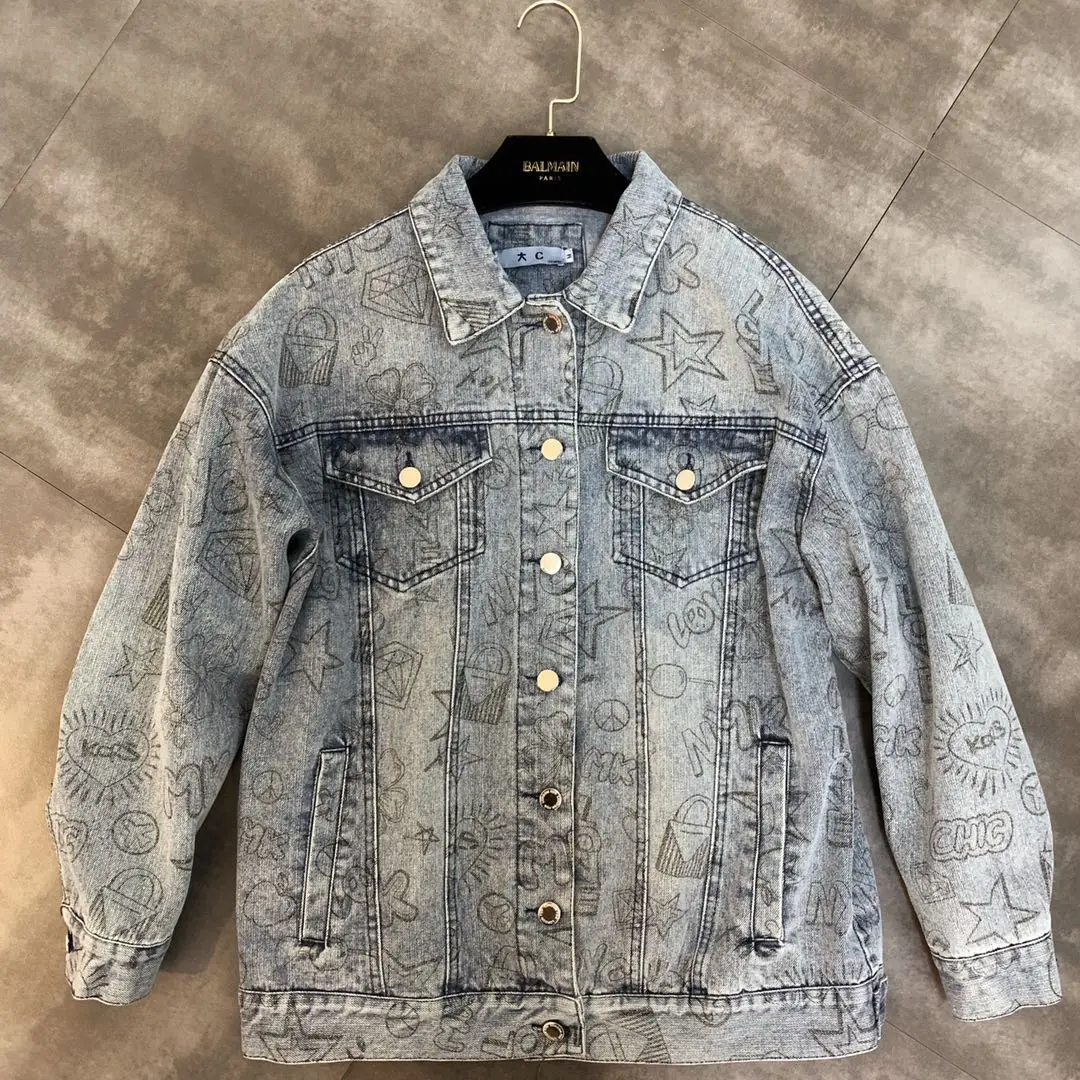 

2019 early autumn new lapel long-sleeved graffiti color drawing trend washed denim jacket