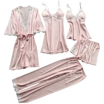 

Womens Plus Size Summer Faux Silk 5 Piece Pajamas Set Crochet Floral Lace Applique Trim Sleepwear Solid Color Nightgown Babydoll