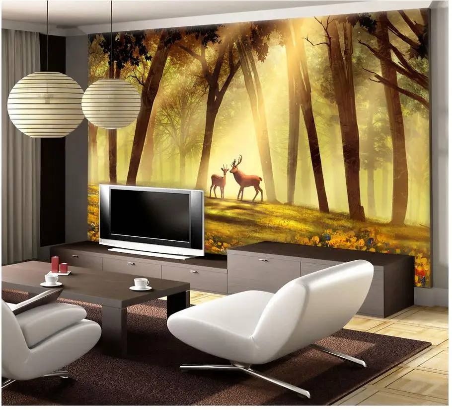 

Photo Wallpaper Living Room Wallpaper 3D Painting Original Beautiful Golden Forest Sunshine Elk Flower Grass Background Wall
