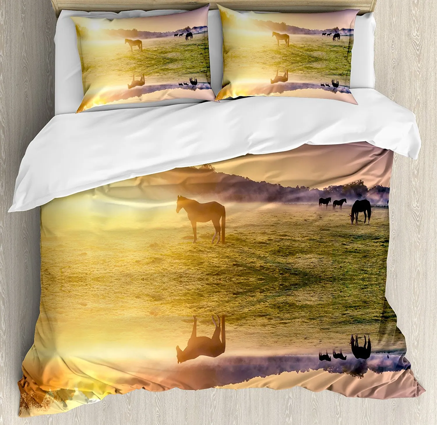 

Nature Duvet Cover Set Horse Valley in South with a Lake Reflection and Sun Rising Above Mountains Print, 3 Piece Bedding Set