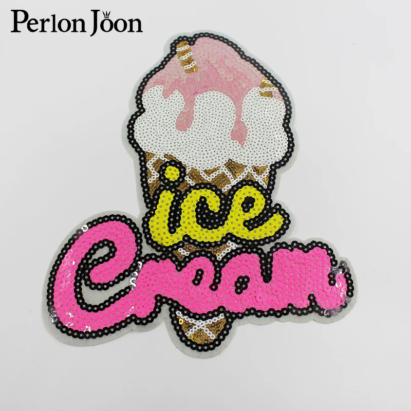 

1Pcs pink ice cream sequins embroidered patch sew on clothing accessories applique for T-shirt sweater decoration patches TH031