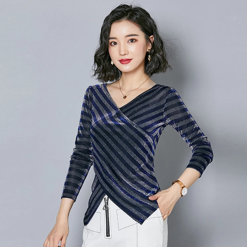 

Striped T shirt Women New Long Sleeve Shirt Women V-Neck Asymmetrical Shirt Tops Knitted 2018 Autumn Winter Camisas Mujer T89605