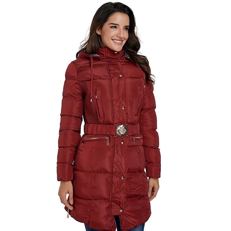 Beste Winter Kleding Vrouwen Katoenen Jassen Lady Stijlvolle Dikker Warme Lange Mouwen Effen Kleur Rits Slim Hooded Jas Met Riem
