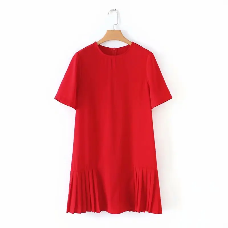 

Lady Solid Color Pleated Dress Women Round Neck Short Sleeve Summer Casual Dress