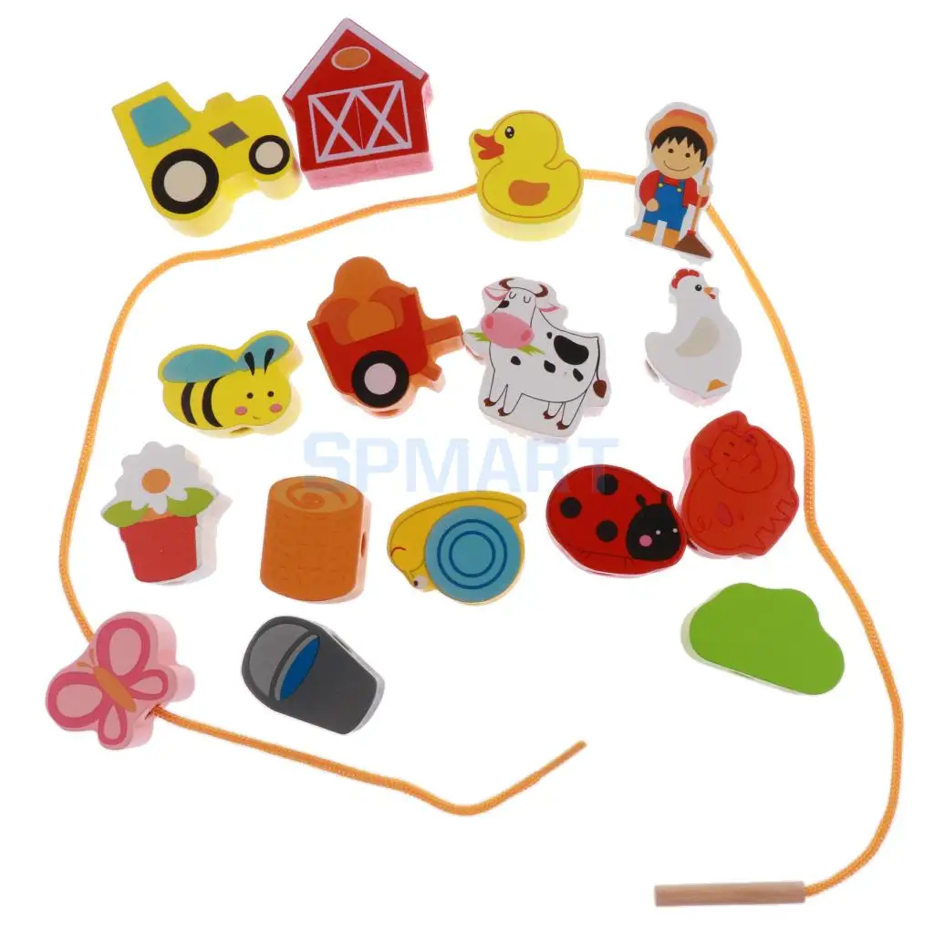 Wooden Cartoon Threading Beads Lacing Game Kids Preschool Edutional Toys - People/City/Farm
