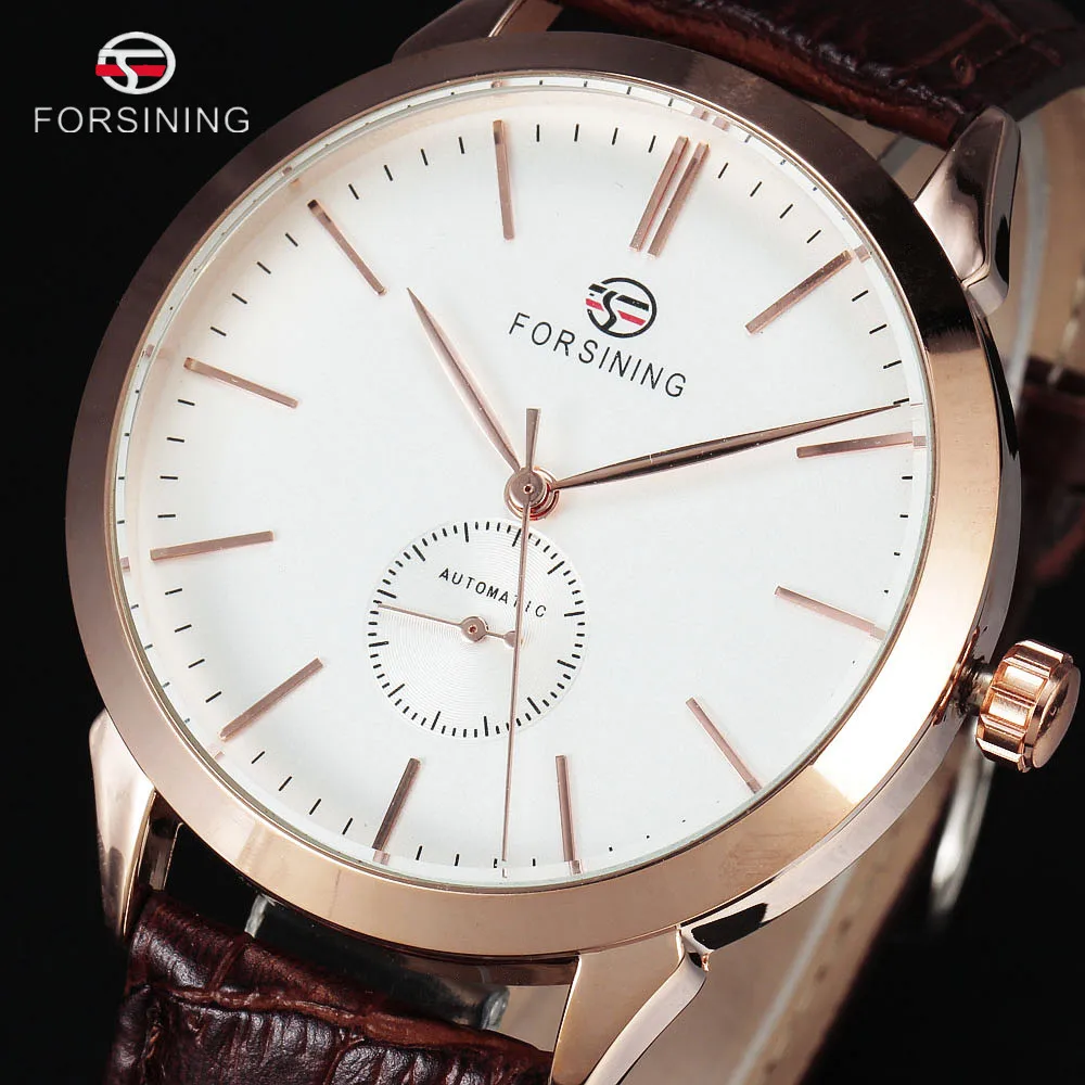 

2016 New FORSININ Gcasual Watch Men Brown Genuine Leather Ultra-Thin Wristwatch Male Automatic Simple Wristwatch Clock Hours
