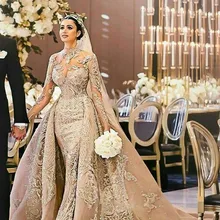 Роскошное Русалка свадебная фата невесты шампанского с высоким воротом длинным рукавом Vestido De Noiva