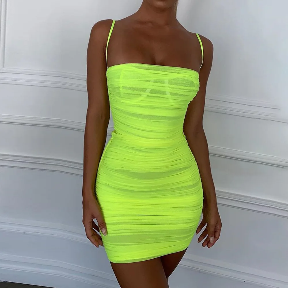 Heer Mesh Neon Green Ruched Bodycon Dress Bandage Mini