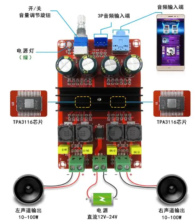 

XH-M190 Tube Digital Audio Board TDA3116D2 Power Audio Amp 2.0 Class D Stereo HIFI amplifier DC12-24V 2*100W