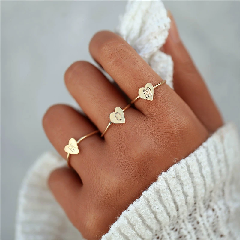

2019 New Heart Shape A-Z Initial Ring Silver Gold Color Stacking Personalized Letter Rings for Women Bague Femme Name Jewelry