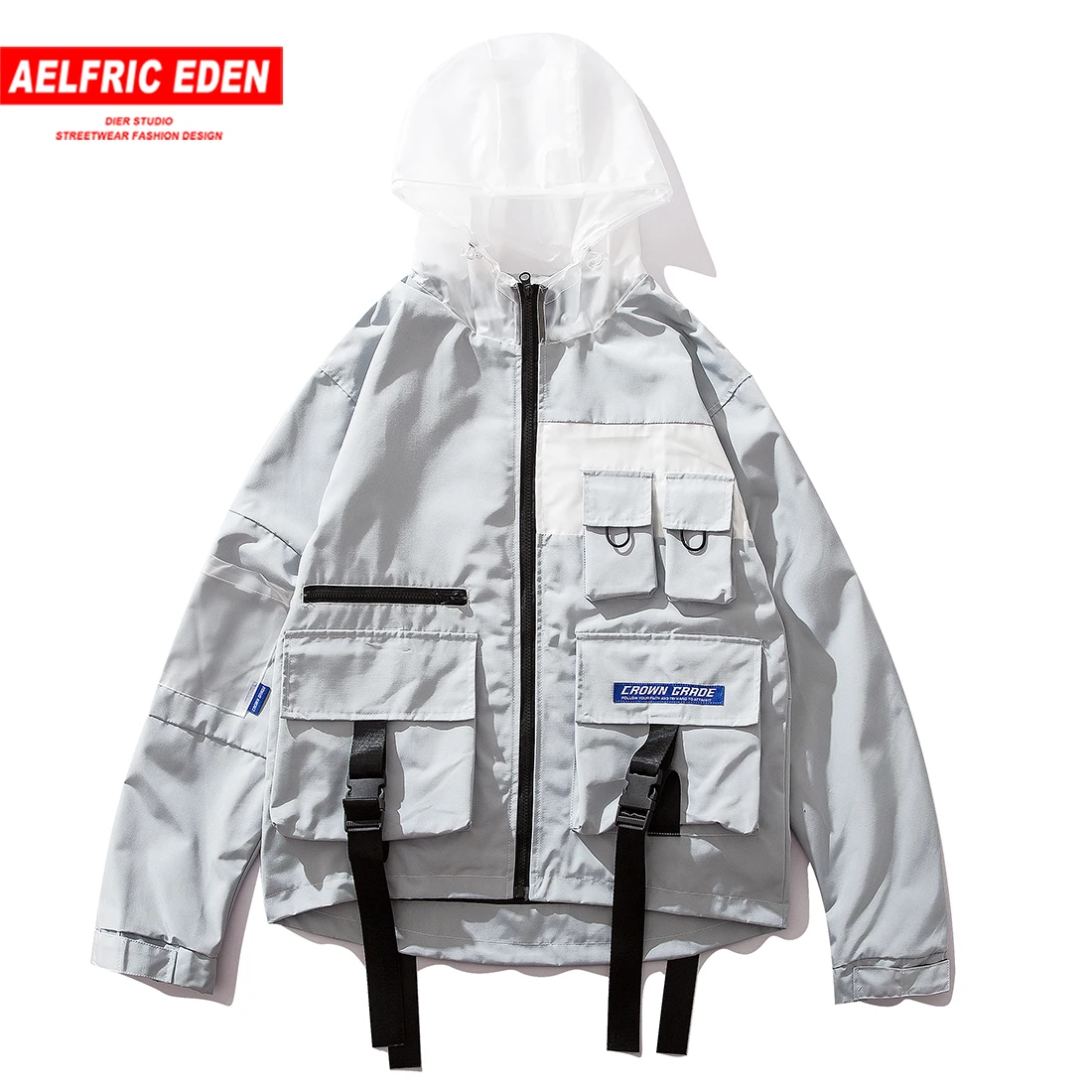 

Aelfric Eden Hip Hop Patchwork Multi Pockets Hooded Trench Men Jacket Harajuku Fashion Casual Ribbon Windbreaker Coat Streetwear