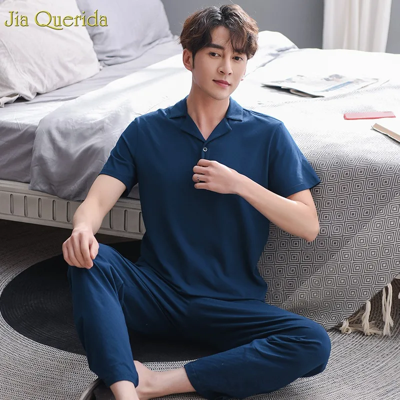 

Men Pyjama 2019 New 100% Cotton Chinese Pajamas Set Short Sleeve Long Pants Lapel Solid Navy Men Sleepwear Leisure Plus Size Pjs
