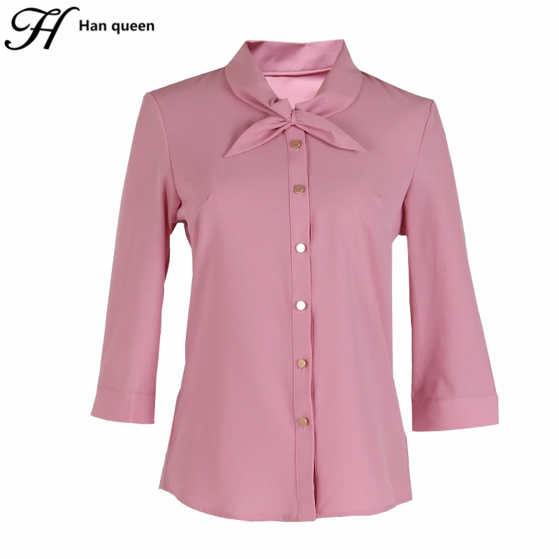 H Han Queen новые осенние блузки женские розовые шифоновые с бантом однобортные