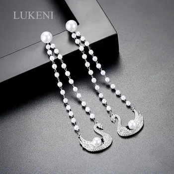 

LUKENI New Design Personality White Color Cubic Zircon Swan Simulated Pearl Long Earrings For Women Fashion Jewelry