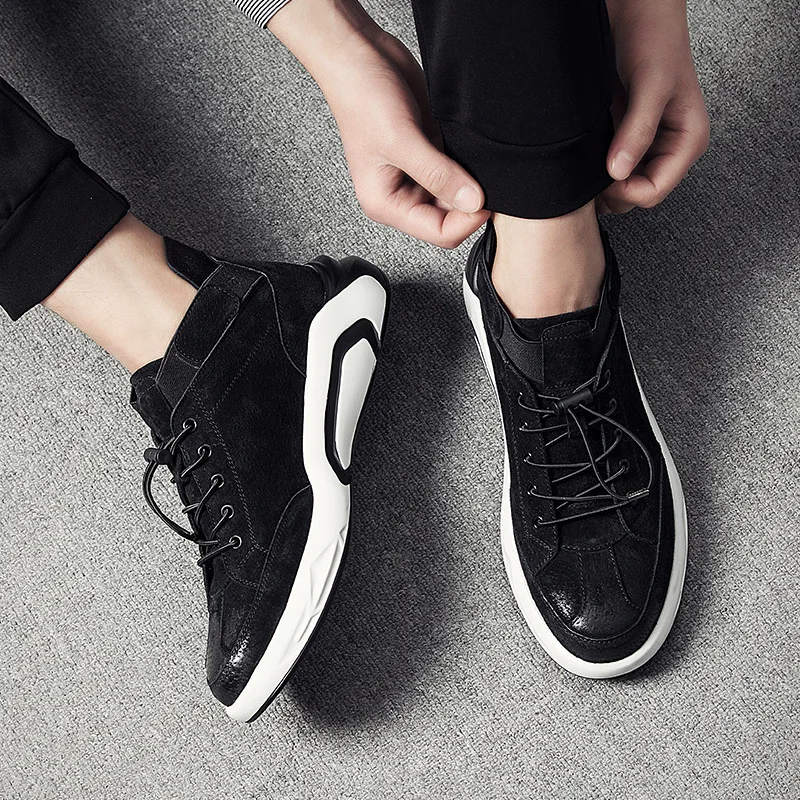 JINBEILEE Fashion Leather Men's Casual Breathable Sports Skateboard Shoes Trend Wild High-top Thick Men's Shoes Hard-Wearing