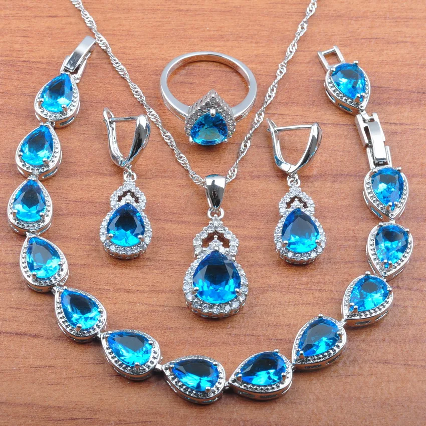 

Pretty Women Jewelry Set Sky Blue Zirconia 925 Sterling Silver Jewelry Set Earrings Necklace Pendant Rings Bracelet JS0322