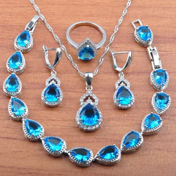

Summer refreshing Blue Crystal Jewelry Set Silver Color Earrings Necklace Ring Bracelet Suit Wild skirt Daisy jewelry set JS0322