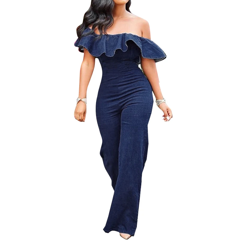 

VONDA Plus Size Rompers Women Jumpsuit 2019 Demin Wide leg Pants Office Ladies Bodysuits Sexy Ruffle Sleeveless Summer Playsuits